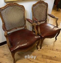 Pair signed Maison Gouffe Paris Louis XV Arm Chairs 1930's Leather Cane Walnut