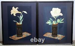 Pair vintage Japanese floral wood block prints Bakufu Ohno signed matted framed