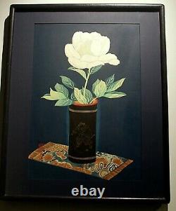 Pair vintage Japanese floral wood block prints Bakufu Ohno signed matted framed