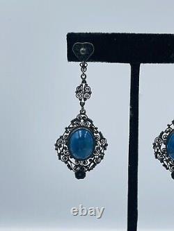 Peruzzi Signed Antique Pair Sterling Silver Blue Lapis Filigree Dangle Earrings