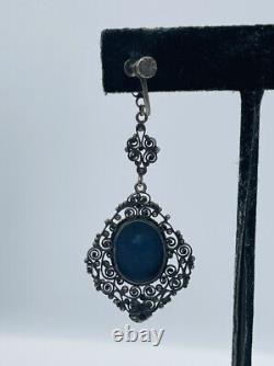 Peruzzi Signed Antique Pair Sterling Silver Blue Lapis Filigree Dangle Earrings