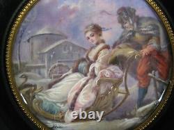 Pleasures Winter Couple Sleigh On Ice Antique Miniature Painted Signed