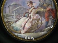 Pleasures Winter Couple Sleigh On Ice Antique Miniature Painted Signed