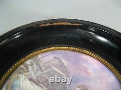 Pleasures Winter Couple Sleigh On Ice Antique Miniature Painted Signed