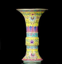 Qianlong Signed Pair Old Rare Enamel Chinese Porcelain Flower Gu Vase N161