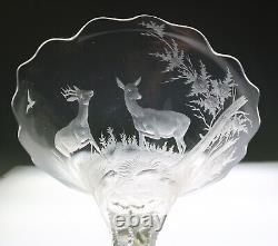 Quality Antique Pair Bohemian Czech Intaglio Engraved Glass Compote Signed Haida