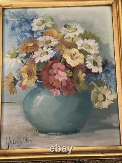 Queenie Stein Baum Circle Floral Still Life Painting Gilt Frame Pair French Blue