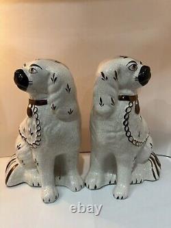 RARE ANTIQUE PAIR STAFFORDSHIRE DOGS WHITE COPPER MADE IN ENGLAND 19th SIGNED