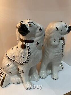 RARE ANTIQUE PAIR STAFFORDSHIRE DOGS WHITE COPPER MADE IN ENGLAND 19th SIGNED