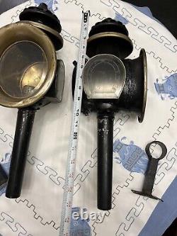 RARE Antique Pair Carriage Buggy Automobile Lanterns Lamps Horseshoe Signed