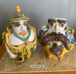 RARE Antique Pair of Apothecary Jars Majolica Italian Faces -hand SIGNED