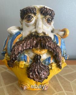 RARE Antique Pair of Apothecary Jars Majolica Italian Faces -hand SIGNED