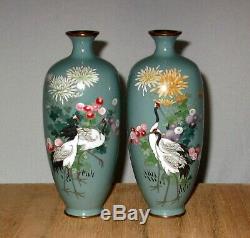 RARE Fine Pair Meiji Period Japanese Silver Wire Cloisonne Enamel Vases -Signed