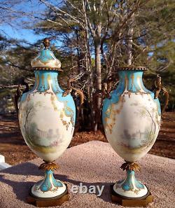 RARE! GORGEOUS 1800's Pair Antique French Sevres Porcelain Urn Lamps Signed