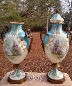 RARE! GORGEOUS 1800's Pair Antique French Sevres Porcelain Urn Lamps Signed