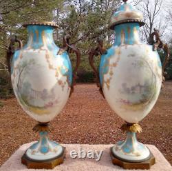 RARE! GORGEOUS 1800's Pair Antique French Sevres Porcelain Urn Lamps Signed