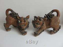 RARE PAIR 19thC ANTIQUE CHINESE YIXING FOO FO FU DOGS LIONS SEAL MARK