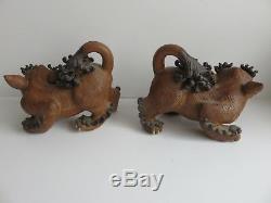RARE PAIR 19thC ANTIQUE CHINESE YIXING FOO FO FU DOGS LIONS SEAL MARK