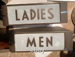 RARE PAIR ANTIQUE ART DECO Theater Bar Restroom Mens Ladies Illuminated Signs EC