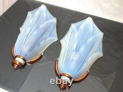 RARE Pair of Art Deco Wall Sconces by Ezan 1930 Opalescent Molded glass signed