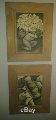 RARE VINTAGE ORIGINAL PAIR 1944 SIGNED DIEGO RIVERA ART LITHOGRAPHS-Rudolf Lesch