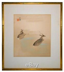 RESTING PAIR DEER' (JAPAN) MID-20TH C WithC SIGNED/STAMPED FAUX BAMBOO GOLD FRAME