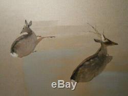 RESTING PAIR DEER' (JAPAN) MID-20TH C WithC SIGNED/STAMPED FAUX BAMBOO GOLD FRAME