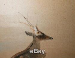 RESTING PAIR DEER' (JAPAN) MID-20TH C WithC SIGNED/STAMPED FAUX BAMBOO GOLD FRAME