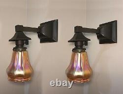 RESTORED! PAIR of Antique c. 1896 Mission Light Fixtures Signed Steuben Shades