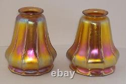 RESTORED! PAIR of Antique c. 1896 Mission Light Fixtures Signed Steuben Shades
