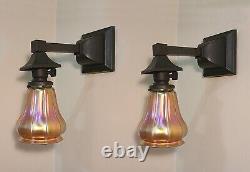 RESTORED! PAIR of Antique c. 1896 Mission Light Fixtures Signed Steuben Shades