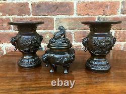 Rare Antique Chinese Bronze Censer With Matching Pair of Vases Signed