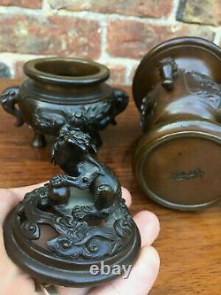 Rare Antique Chinese Bronze Censer With Matching Pair of Vases Signed