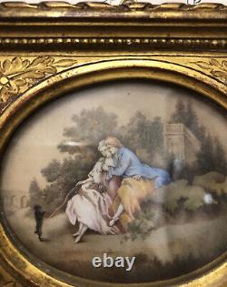 Rare Antique French Hand Painted Miniature Couple Dog Signed Alean c1909