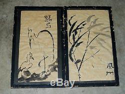 Rare Antique Mystery Pair of Beautiful Ink Japanese Paintings Signed