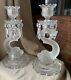 Rare Antique Pair Baccarat Art Glass Dolphin Candlesticks With Crystal Prisms