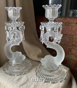 Rare Antique Pair Baccarat Art Glass Dolphin Candlesticks With Crystal Prisms