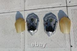 Rare Antique Pair Chrome Art Deco Slip Shade Wall Sconce Glass Sign Electrolier