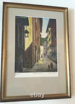 Rare Antique Pair Of Hand Colored Etchings Bela Sziklay Pencil Signed Framed