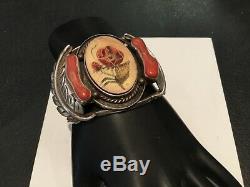 Rare Antique Signed E. Y. Jr. Sterling Silver, Coral, Bone American Indian Brace