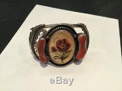 Rare Antique Signed E. Y. Jr. Sterling Silver, Coral, Bone American Indian Brace