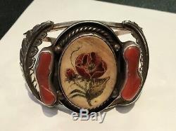 Rare Antique Signed E. Y. Jr. Sterling Silver, Coral, Bone American Indian Brace