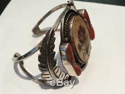 Rare Antique Signed E. Y. Jr. Sterling Silver, Coral, Bone American Indian Brace