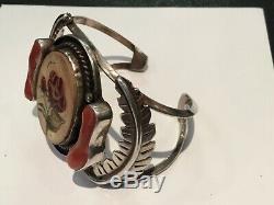 Rare Antique Signed E. Y. Jr. Sterling Silver, Coral, Bone American Indian Brace