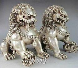 Rare Chinese Silver Guardian Lion Foo Fu Dog Statue Pair