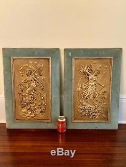 Rare Large Pair Art Nouveau Gilt Bronze Copper Plaque Signed Reduced