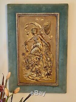 Rare Large Pair Art Nouveau Gilt Bronze Copper Plaque Signed Reduced