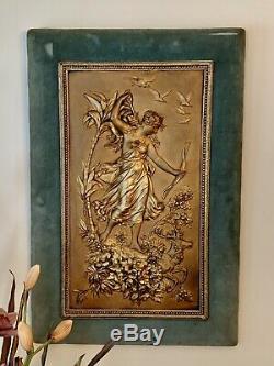 Rare Large Pair Art Nouveau Gilt Bronze Copper Plaque Signed Reduced