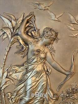Rare Large Pair Art Nouveau Gilt Bronze Copper Plaque Signed Reduced