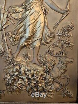 Rare Large Pair Art Nouveau Gilt Bronze Copper Plaque Signed Reduced